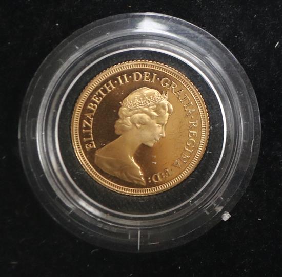 A 1979 gold proof full sovereign.